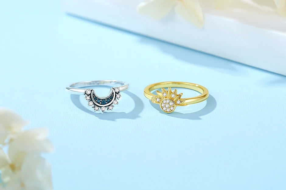 Original 925 Sterling Silver Rings Sun Moon Star Pave CZ Gold Color Stackable Ring For Women Engagement Gift Jewelry