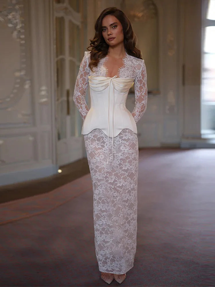Lace Sheer Sweetheart Neck Maxi Dress Long Sleeve Corset Waist Mermaid Hem Bridal Gown 2026 Summer Elegant Form-Fitting Dresses