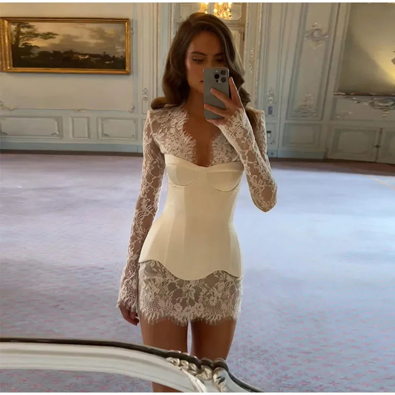 Lace Sheer Sweetheart Neck Maxi Dress Long Sleeve Corset Waist Mermaid Hem Bridal Gown 2026 Summer Elegant Form-Fitting Dresses