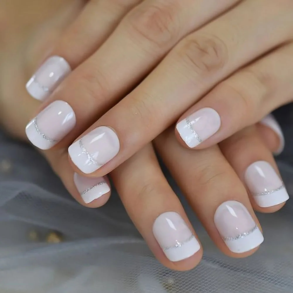 24pcs/set short square fake nails for women cute bride heart white french tips faux ongles y2k press on false nail supplies