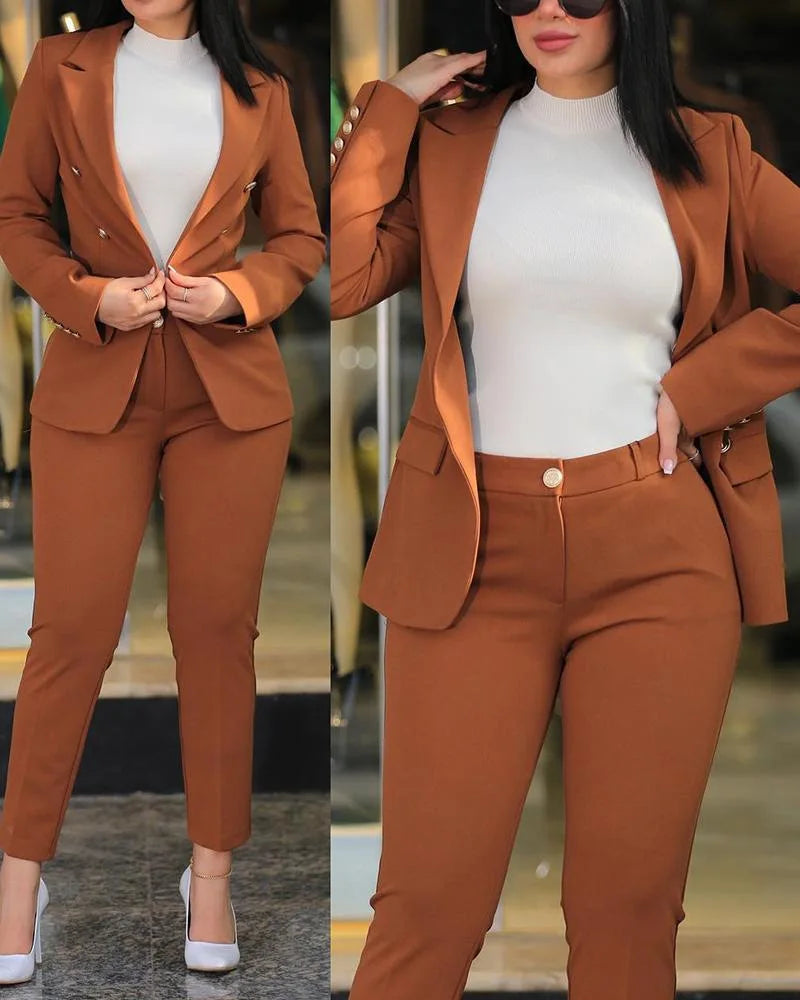 2-delige dameskledingset voor op kantoor: blazer met lange mouwen en potloodbroek met hoge taille, effen kleur