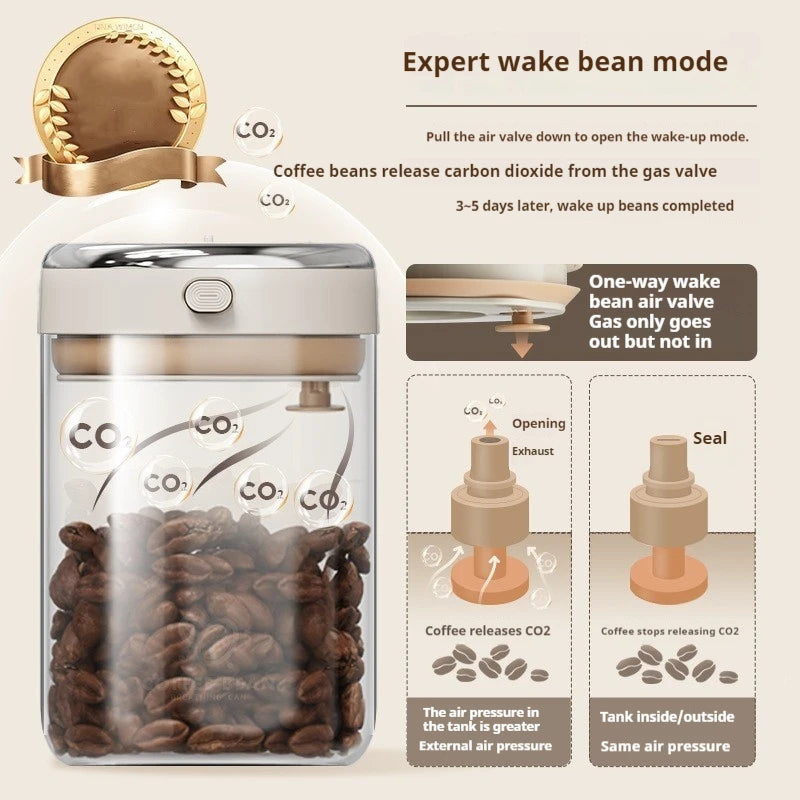 Vacuum-Sealed Coffee Bean Storage Jar with Date Tracker & Degassing Valve