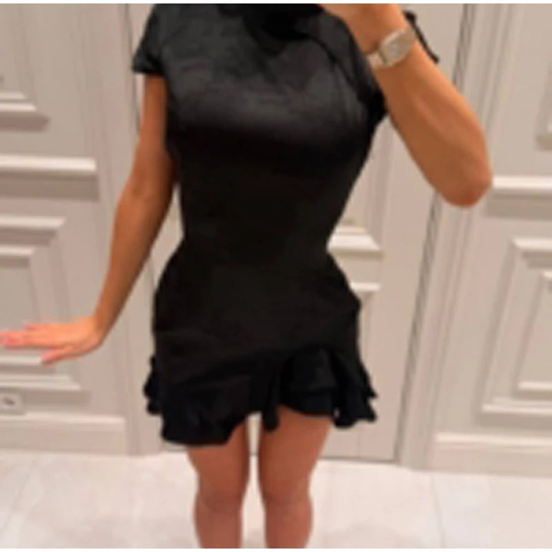 Elegant Print Low-cut Ruffle Short Dress Women V-neck Short-sleeved Waist Cinching Pleated Mini Dresses Casual Party Vestidos