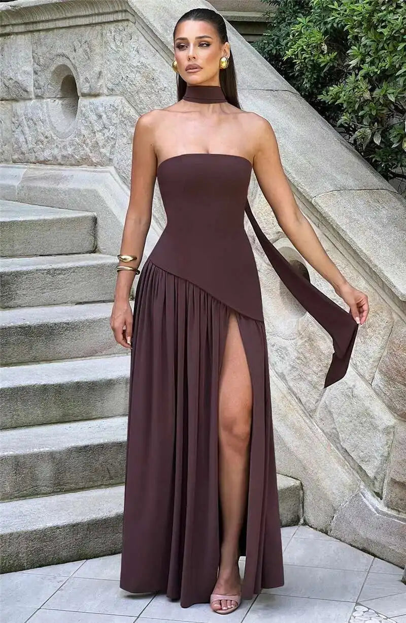 Elegant Off-shoulder Strapless Sexy Summer Party Women Gown Patchwork Pleat Scarf Neck Holiday Evening High Split Long Dresses