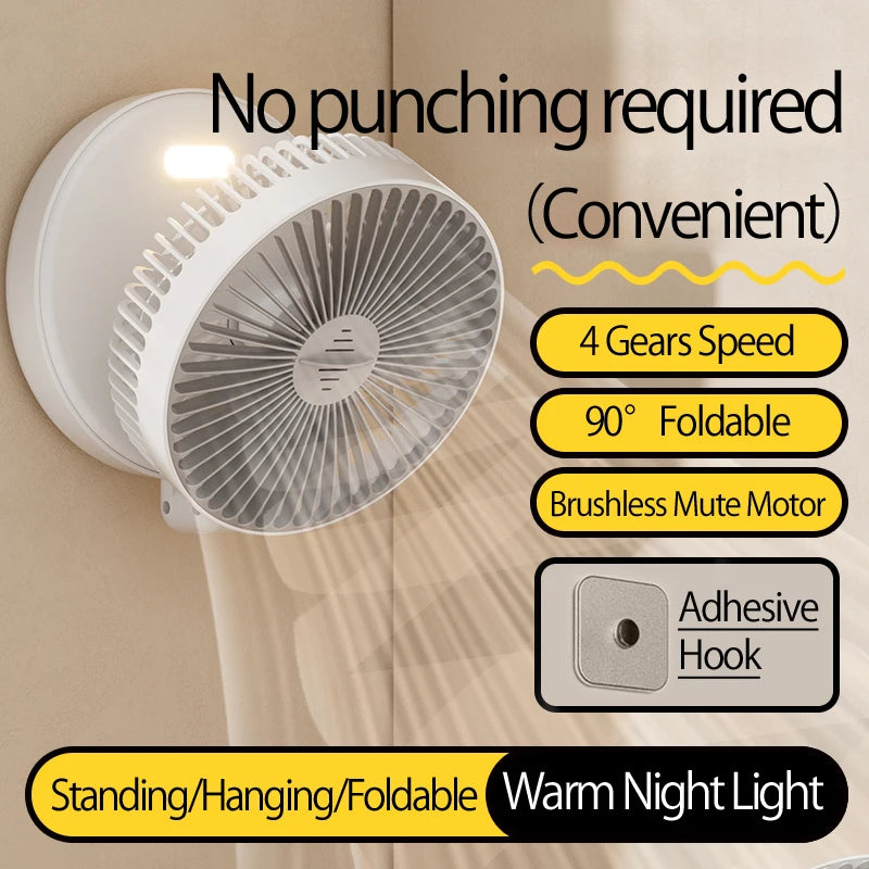 Rechargeable 3-in-1 Portable Fan with Night Light — Wall Mount, 90° Fold, 4 Speeds