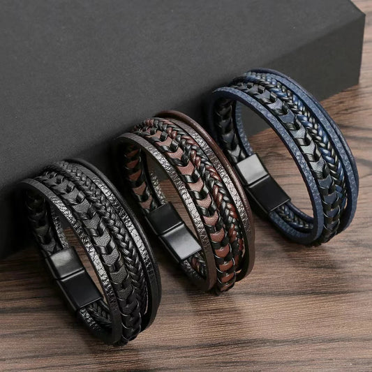 Men's Multi-Layer Vintage Leather Rope Braided Bracelet – Alloy Magnetic Buckle Wristband