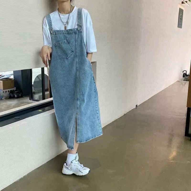 New Irregular Split Cowboy Denim Dress Women Sleeveless Jeans Dresses Fashion Female Solid  Casual Loose Strap Dresses