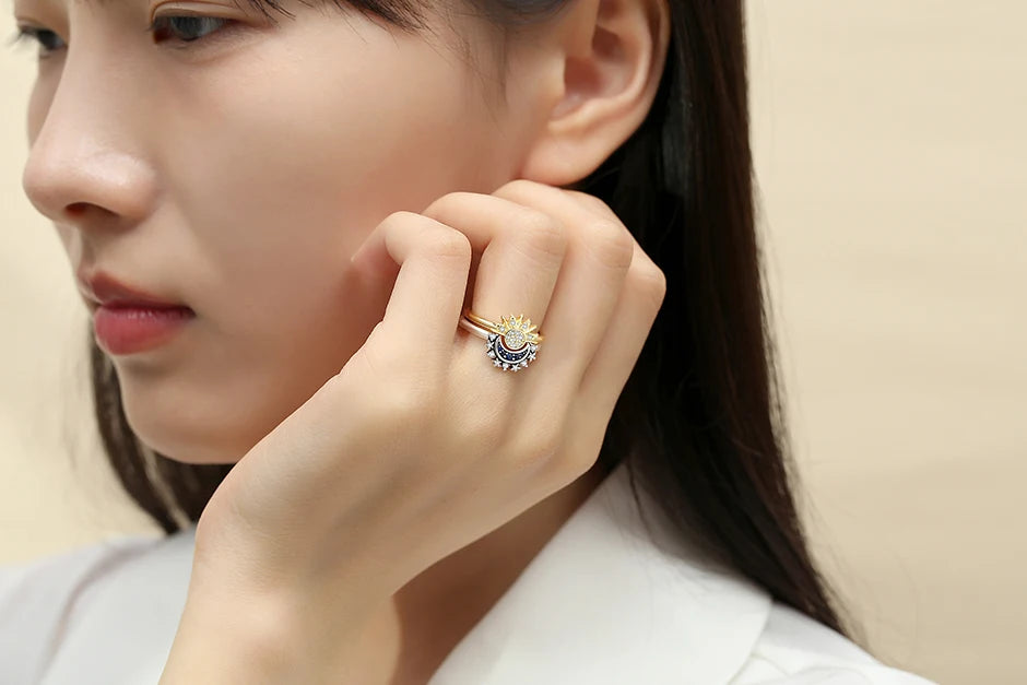 Original 925 Sterling Silver Rings Sun Moon Star Pave CZ Gold Color Stackable Ring For Women Engagement Gift Jewelry