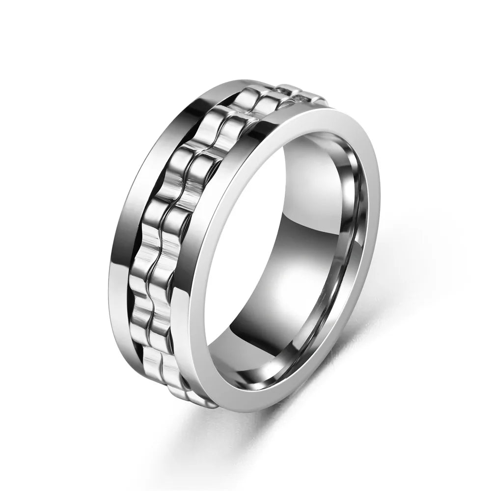 Anti Stress Stainless Steel Ring For Men Gear Chain Rotating Anxiety Relief Spinning Fidget Rings Punk Jewelry Size 6-13