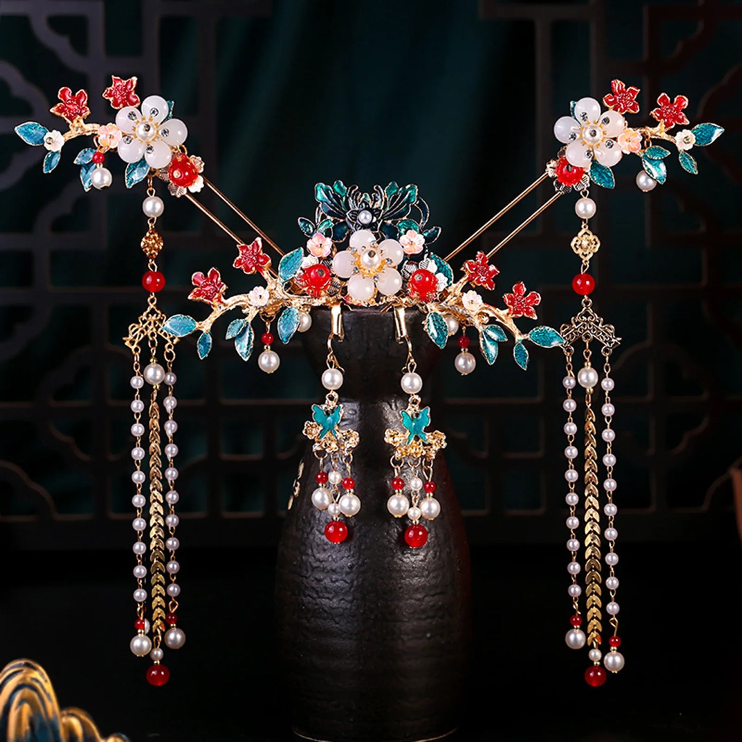 Chinese Long Hair Stick Tiara Headpiece Women Hair Accessories Flower Crystal Pearl Hair Pins Handmade Hanfu Hair Jewelry Set