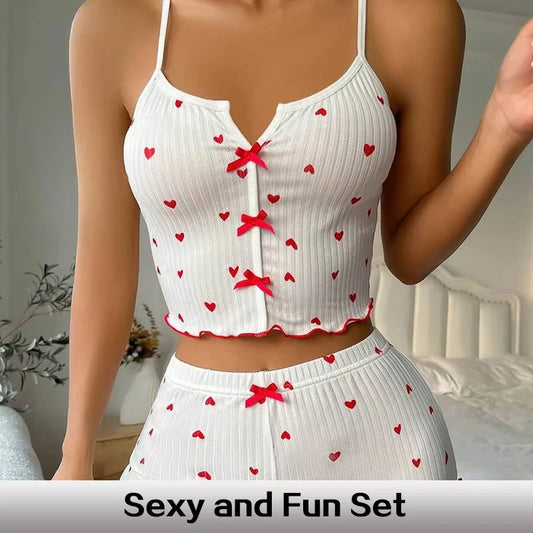 Women's Silk Satin Heart Print Pyjama Set – V-Neck Cami Top & Shorts Loungewear