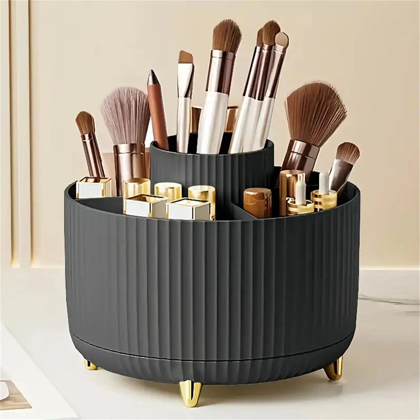 360° Rotating Makeup Organiser – 5-Compartment Cosmetic Storage for Brushes