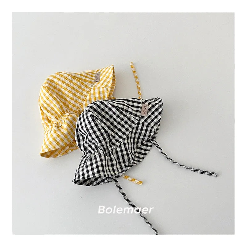 Wide Brim Summer Sun Hat For Baby Plaid Print Fisherman's Hat Children Cotton Bucket Cap For Boys Baby Girls Sunhat Kids Bonnet