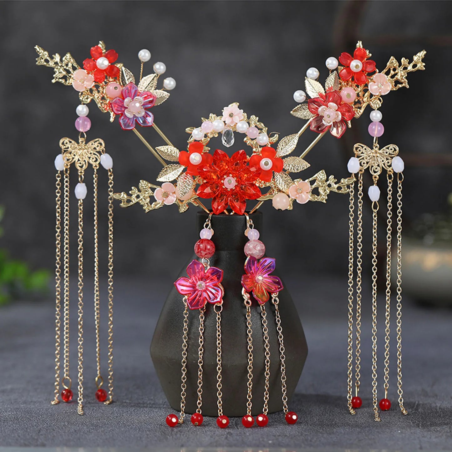 Chinese Long Hair Stick Tiara Headpiece Women Hair Accessories Flower Crystal Pearl Hair Pins Handmade Hanfu Hair Jewelry Set