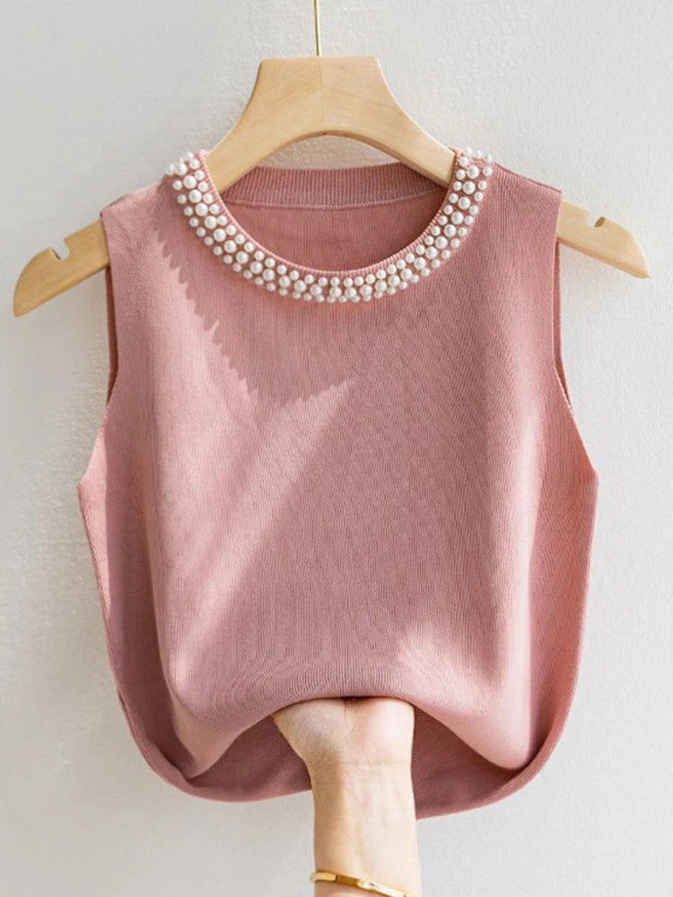 Korean Knitted Beaded Sleeveless Vest Top – Women's Casual Summer Fashion