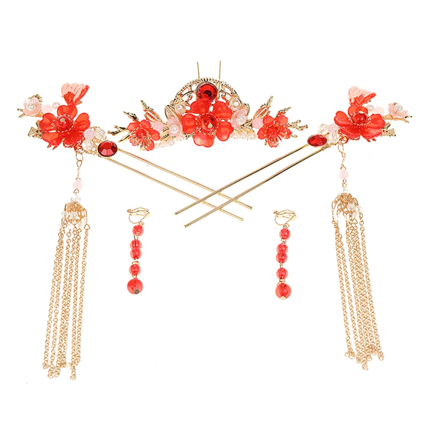 Chinese Long Hair Stick Tiara Headpiece Women Hair Accessories Flower Crystal Pearl Hair Pins Handmade Hanfu Hair Jewelry Set