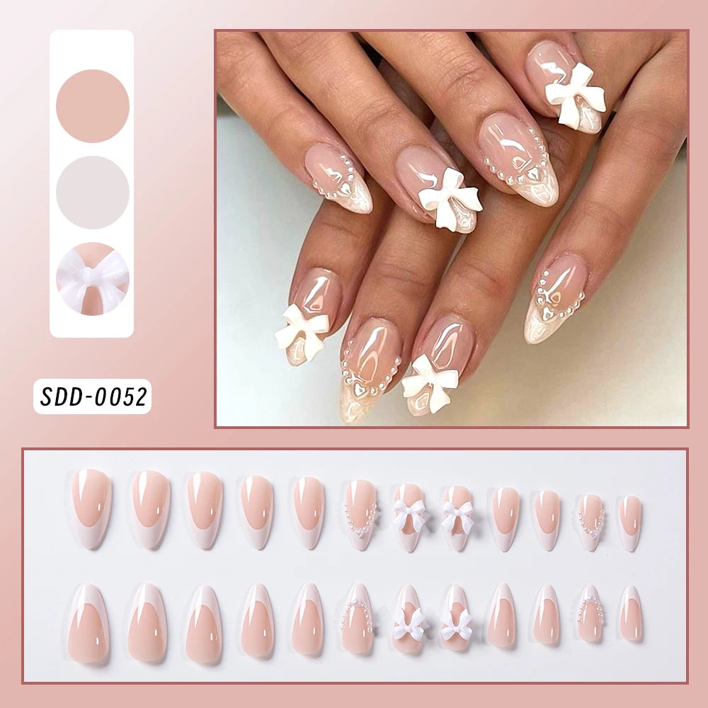 24Pcs White French Press On Nails 3D Bow Design Full Cover Wearable False Nails Short Square Head Ballet Fake Nails 2030