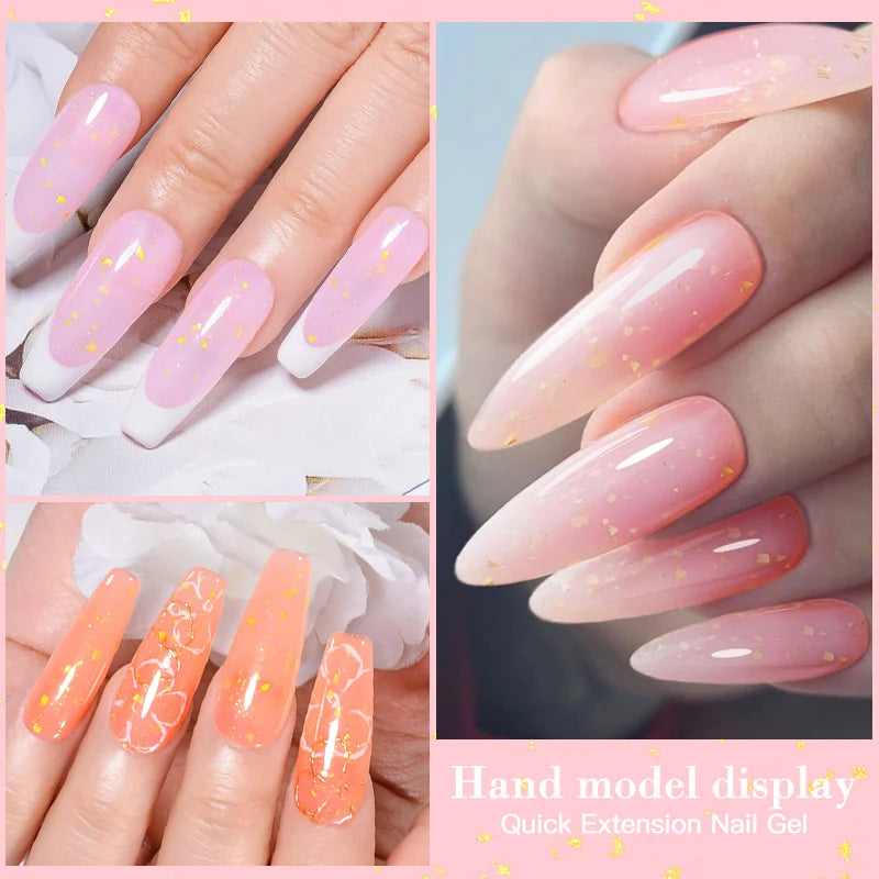 MEET ACROSS 8ml Gold Foils Quick Extension Gel Nail Polish Pink Nude Orange Glitter Finger Prolong Nail Art UV Hard Gel Nails
