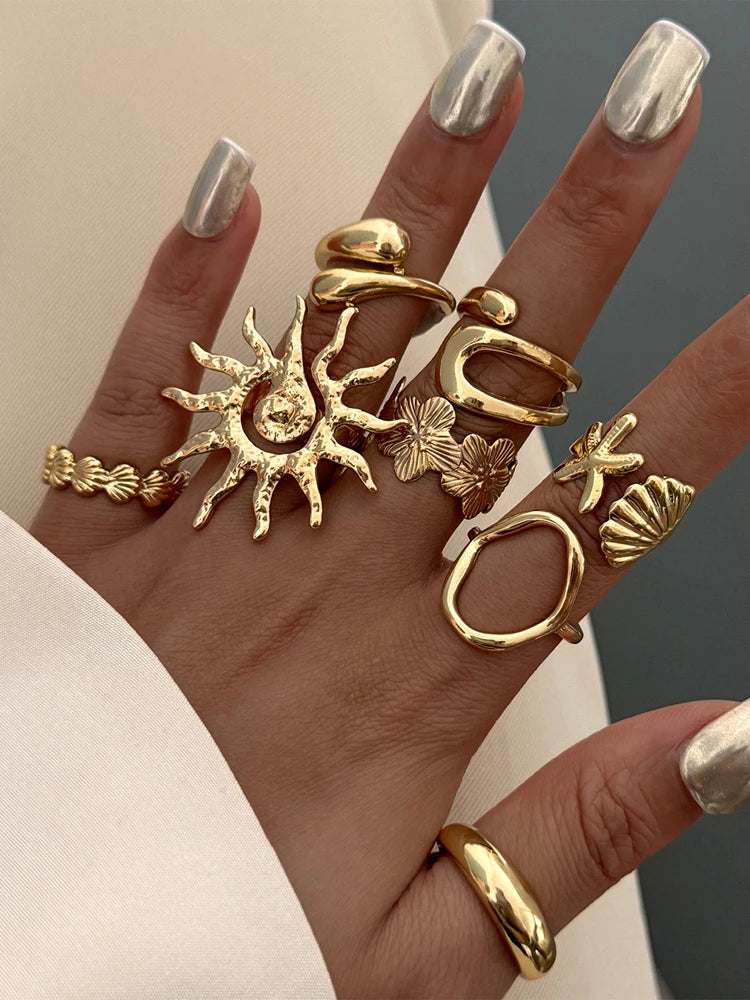 8 Pcs/Set Bohemia Sun Starfish Shell Open Rings for Women Trendy Punk Geometric Gold Color Knuckle Joint Ring Beach Jewelry Gift