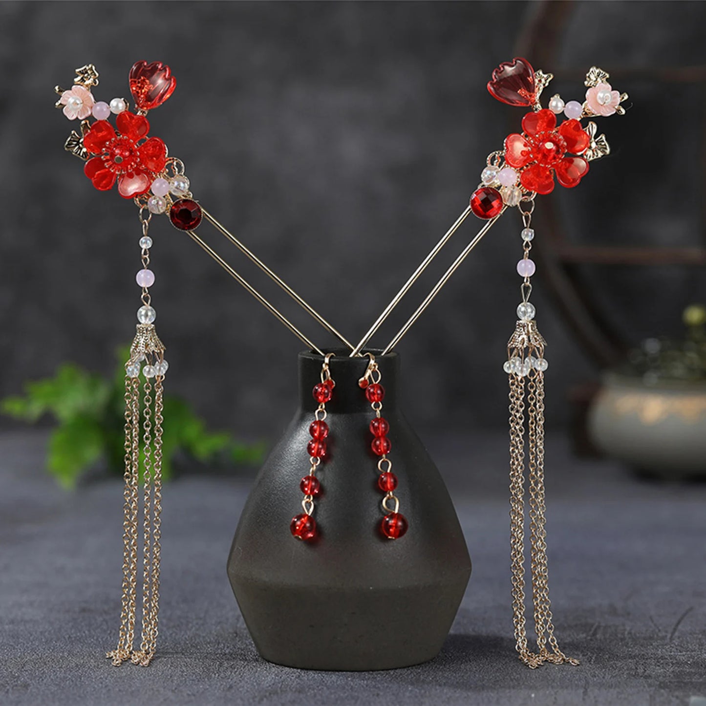 Chinese Long Hair Stick Tiara Headpiece Women Hair Accessories Flower Crystal Pearl Hair Pins Handmade Hanfu Hair Jewelry Set