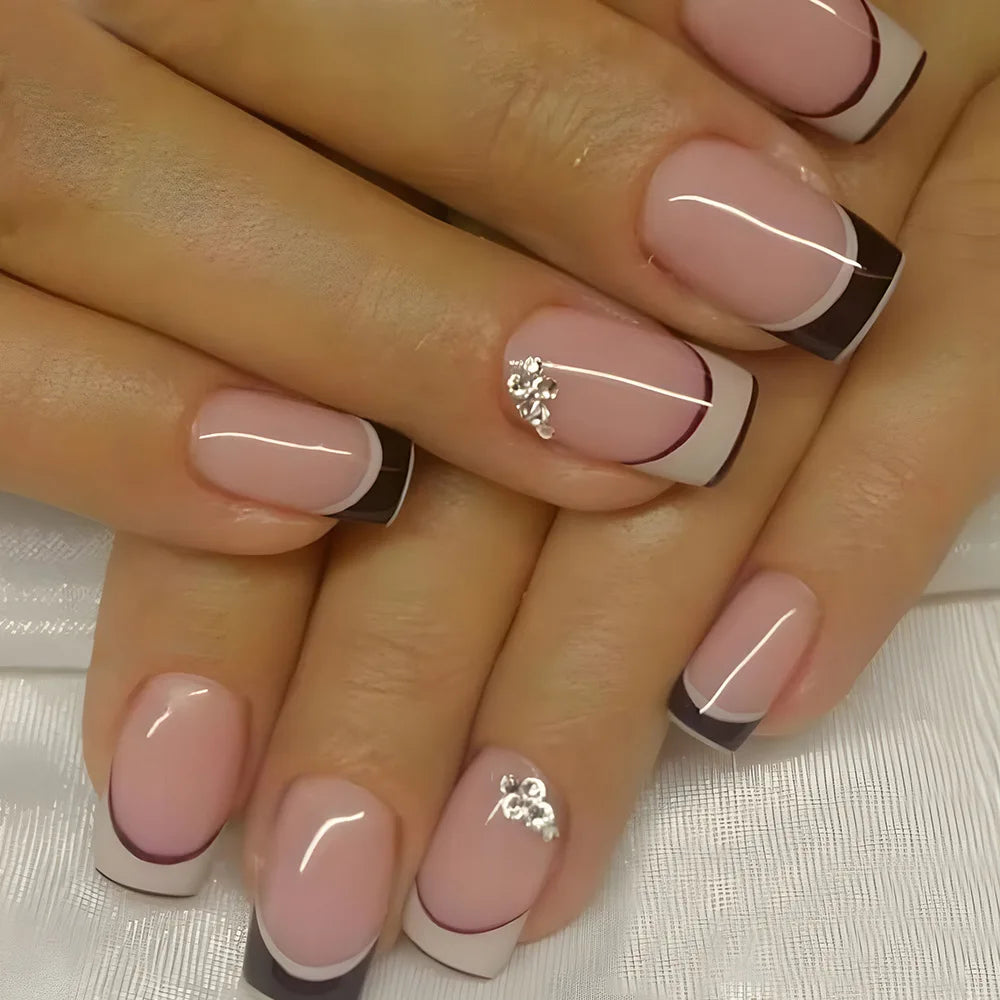 24pcs/set short square fake nails for women cute bride heart white french tips faux ongles y2k press on false nail supplies
