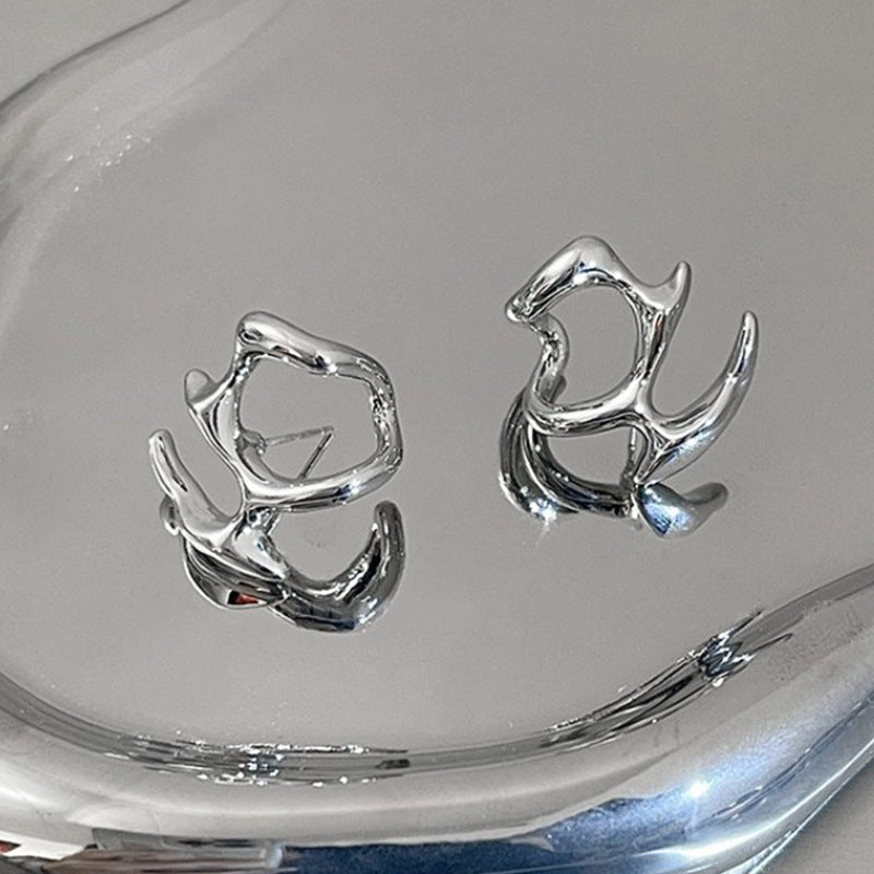 Y2K Silver Liquid Geometric Clip Earrings – Hip-Hop Punk Style