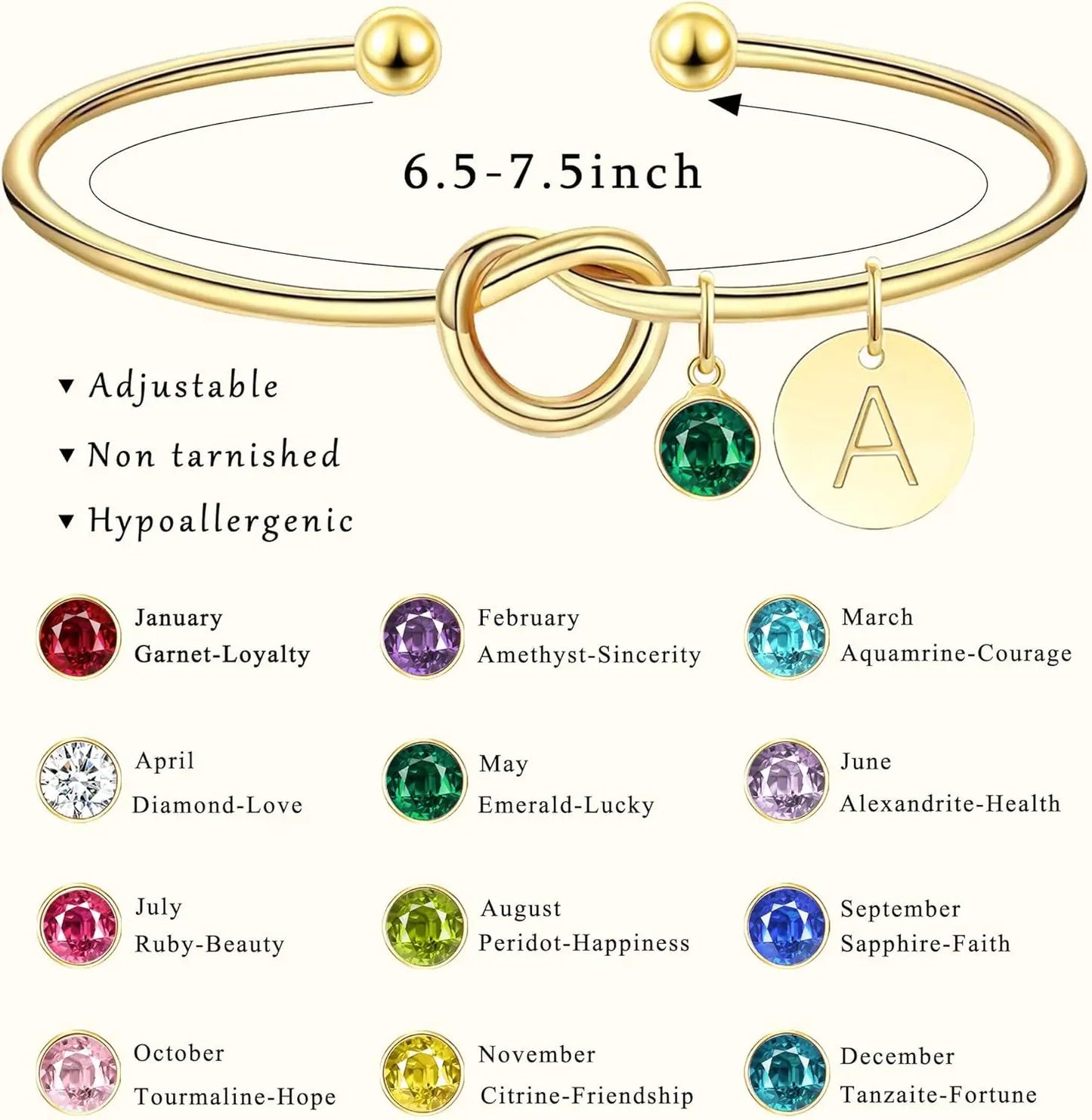 Initial Birthstone 14K Gold Plated Bracelets for Women Bridesmaid Proposal Gift Love Knot Cuff Bangle Bracelet Birthday Gifts
