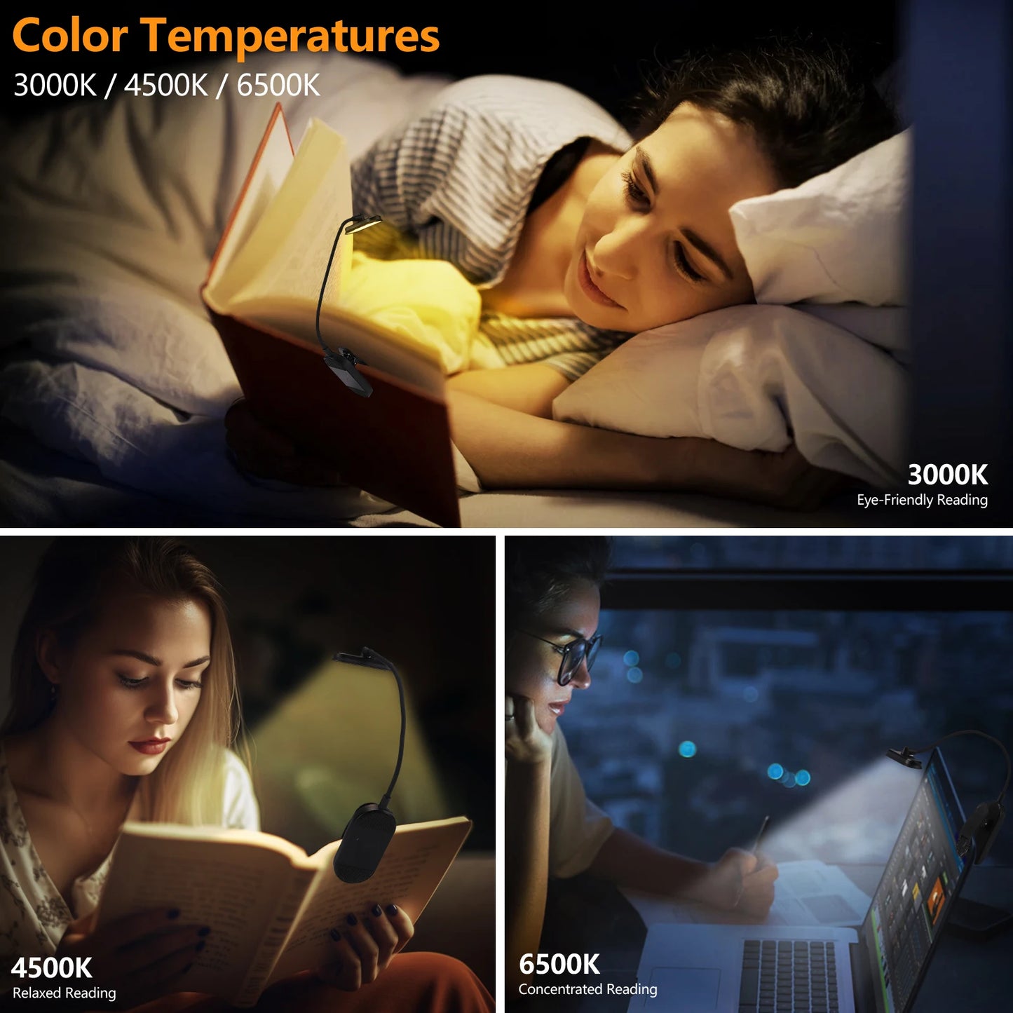 LED Book Light USB Rechargeable Reading Light 3-Level Warm Cool White Daylight Portable Flexible Easy Clip Night Reading Lamp