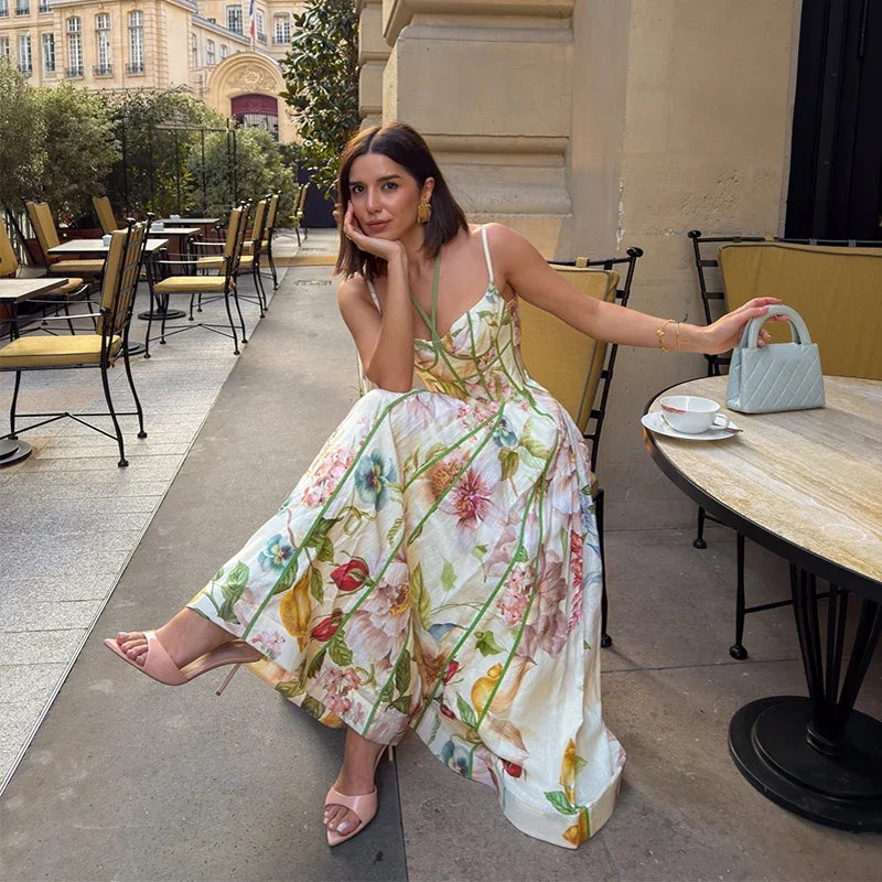 Floral Printed Sleeveless Halter Neck Maxi Dress Lady Waist Cinching A-line Dresses 2026 Women Summer Vacation Party Vestidos