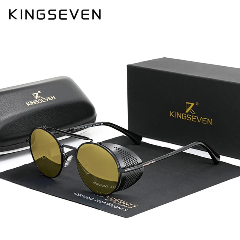 KINGSEVEN Retro Gothic Steampunk Sunglasses Polarized UV400 Men Women Fashion Vintage Eyewear Round Frame Fishing Male Glasses