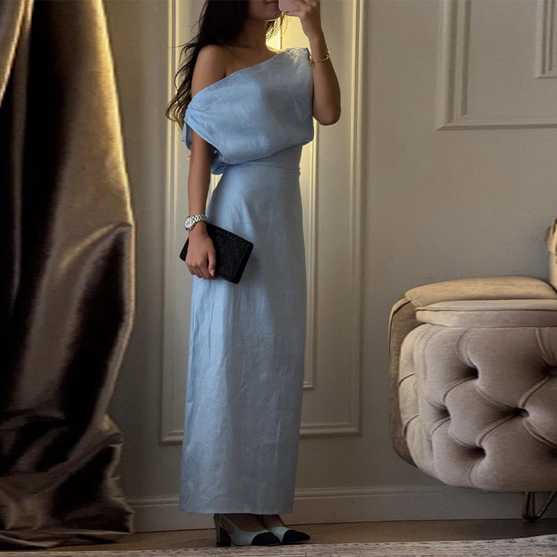 Elegant One Shoulder Solid Dress Women's Waist-cinching Side Split Ankle-length Dresses 2026 Summer New Lady Casual Cozy Robes