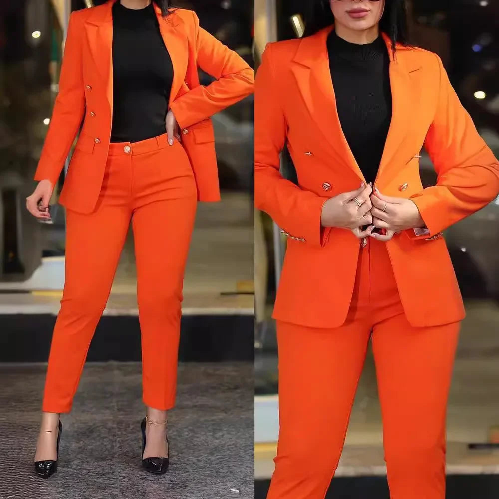 2-delige dameskledingset voor op kantoor: blazer met lange mouwen en potloodbroek met hoge taille, effen kleur