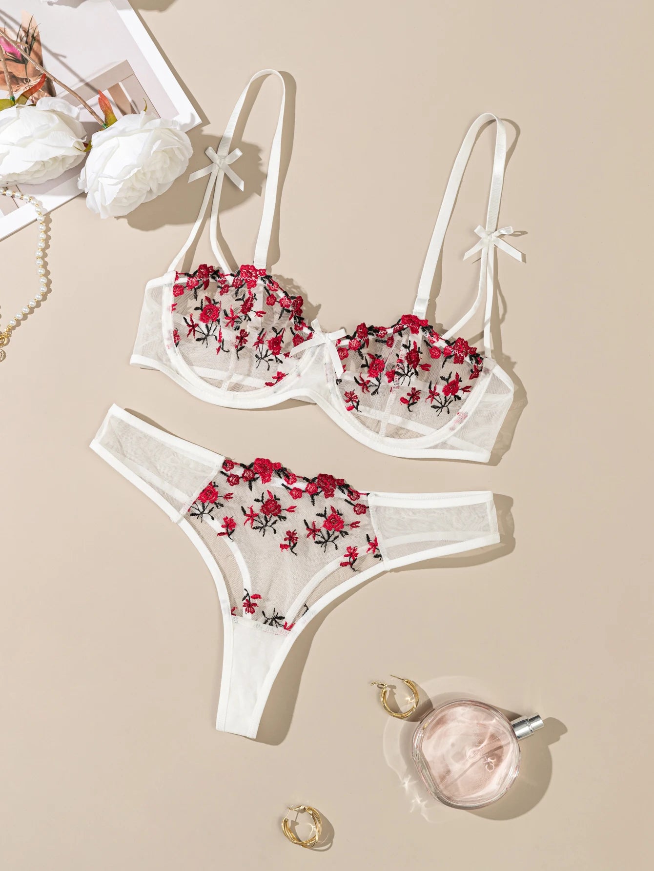 Women's Floral Embroidery Lace Lingerie Set – Sexy 2-Piece Underwear Bra & Briefs