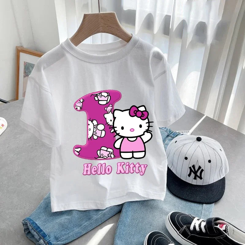 Hello Kitty Children Birthday Number 1-9 T-shirt Party Supply Gift Sanrio Cartoon Clothes Baby Tops Summer Short Sleeve T-shirts