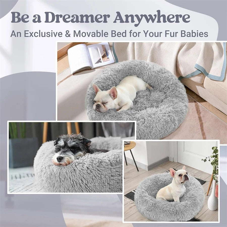 Soft Long Plush Cat House Beds dog Calm Warm Faux Fur Bed Donut Round Comfortable Sleeping Bed Washable for Small Medium Dog Cat