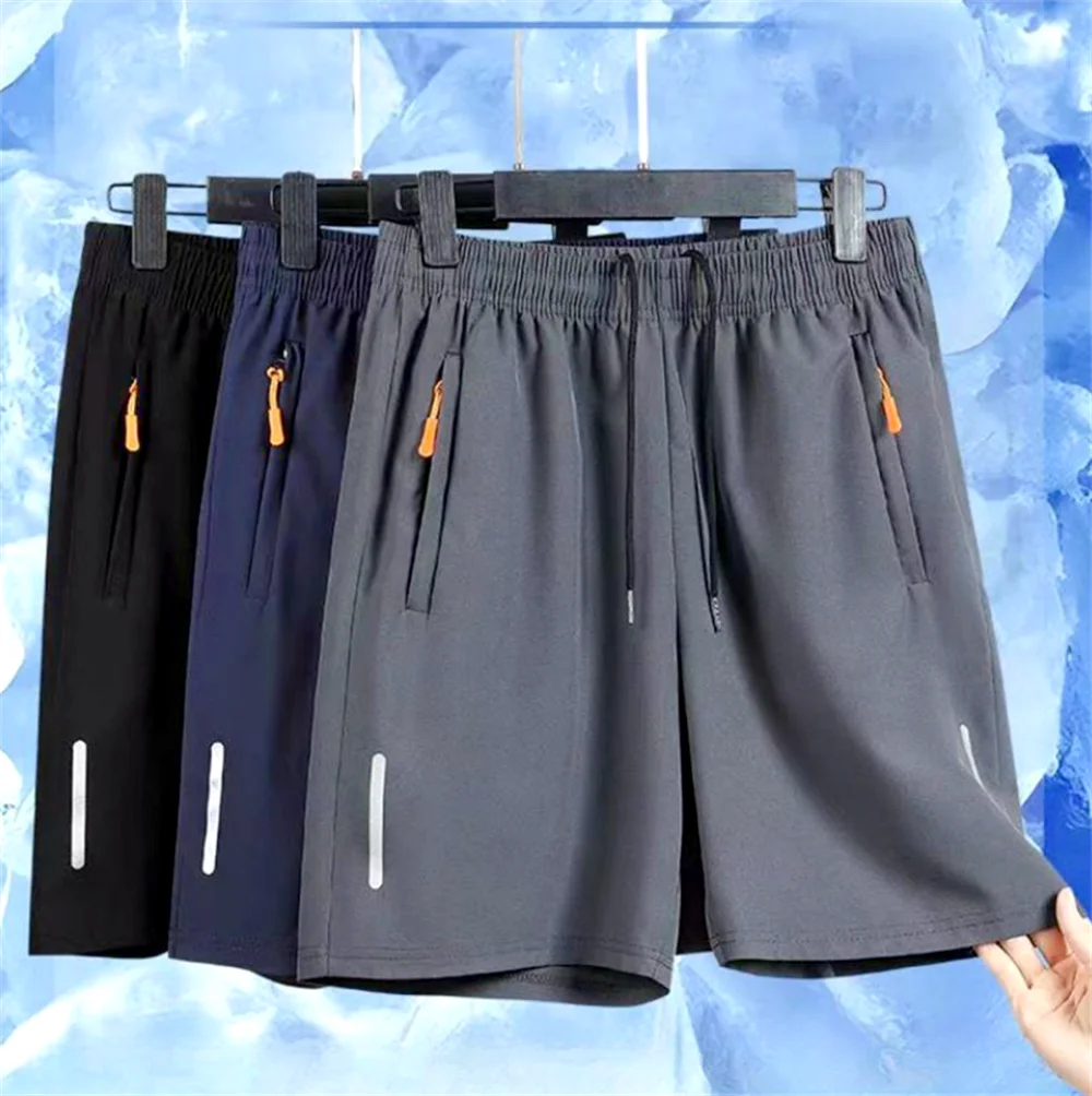 Summer Men'S Ultra-Thin Ice Silk Beach Casual Shorts Jogging Sport Quick Dry Male Zipper Loose Gym Sports Short Pants Sweatpant