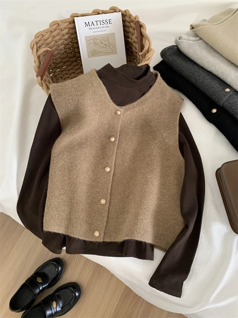 Dames Trui Vest Goudkleurige Knopen Gilet Zacht Gebreid Mouwloos Vest Jasje Top Herfst Winter Koreaanse Dames Chique Outfit