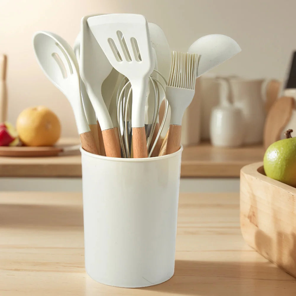12Pcs Kitchen Utensil Set Cooking Tools Kit Wooden Handle Non-Stick Spatula Set Spatula Spoon Brush Whisk Kitchen Supplies