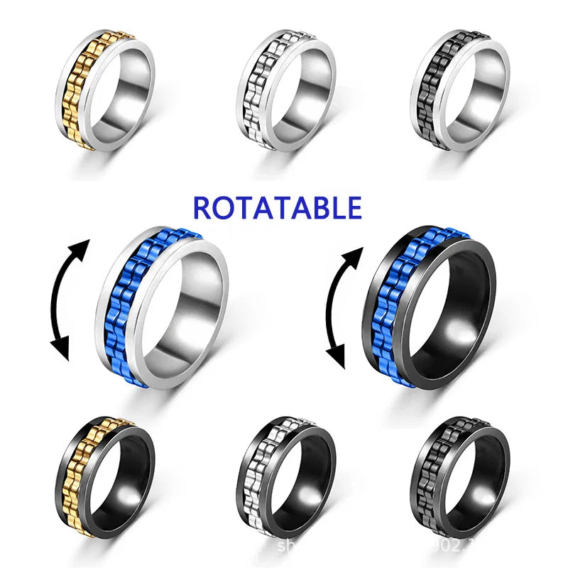 Anti Stress Stainless Steel Ring For Men Gear Chain Rotating Anxiety Relief Spinning Fidget Rings Punk Jewelry Size 6-13