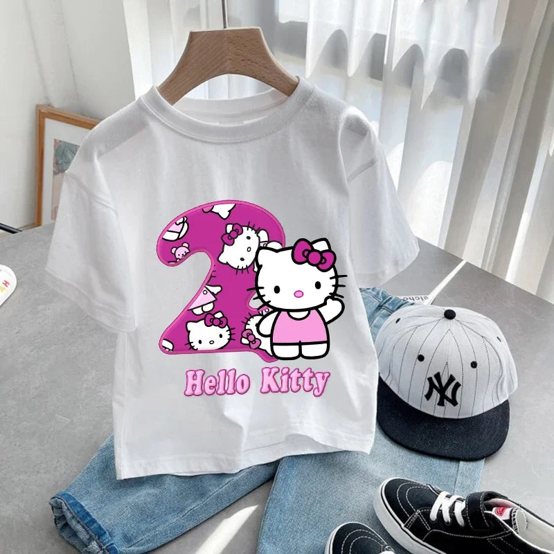 Hello Kitty Children Birthday Number 1-9 T-shirt Party Supply Gift Sanrio Cartoon Clothes Baby Tops Summer Short Sleeve T-shirts