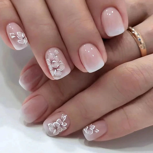 24-Piece Short French Gradient Flower Press-On Nails – with Jelly Glue & Nail File