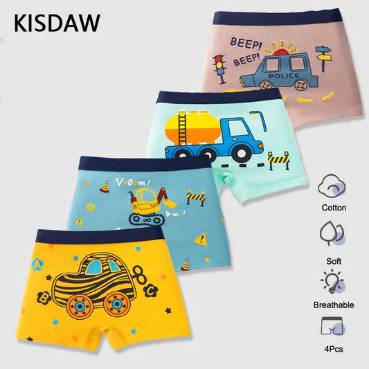 4-Pack Boys' Cotton Car Print Cartoon Boxer Briefs – Ages 3–14