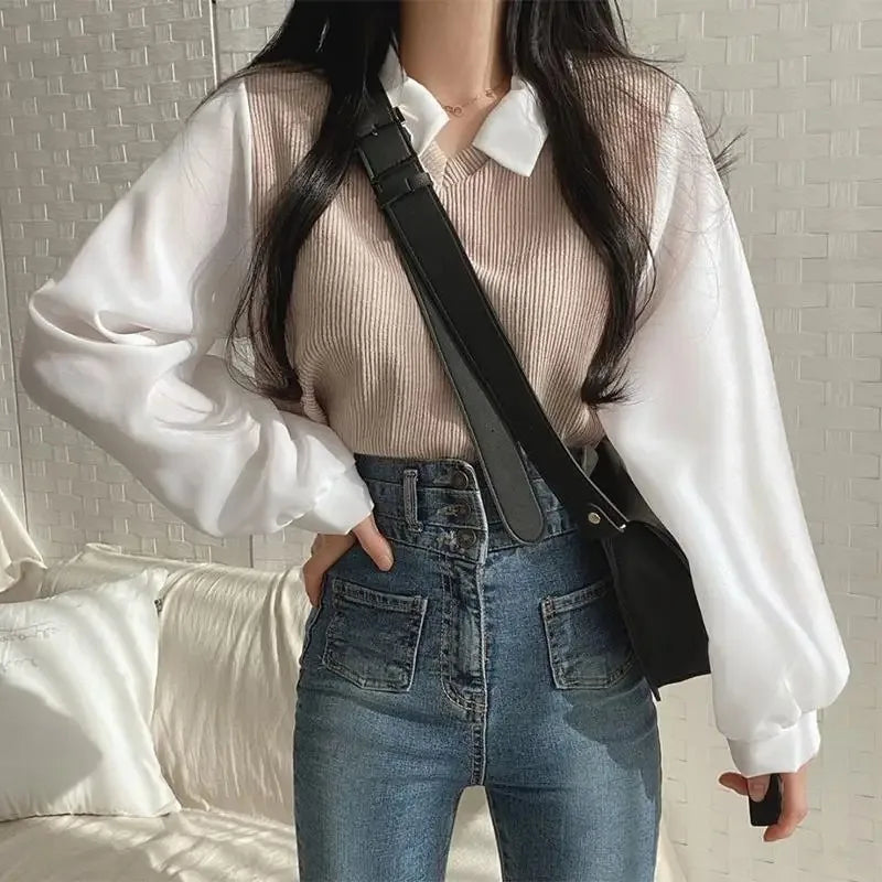 Women's Korean Style Polo Collar Blouse – Y2K False Two-Piece Loose Streetwear Top