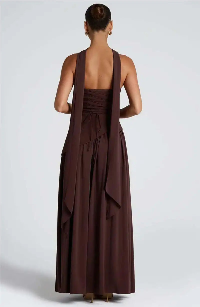 Elegant Off-shoulder Strapless Sexy Summer Party Women Gown Patchwork Pleat Scarf Neck Holiday Evening High Split Long Dresses