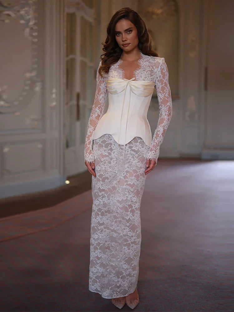 Lace Sheer Sweetheart Neck Maxi Dress Long Sleeve Corset Waist Mermaid Hem Bridal Gown 2026 Summer Elegant Form-Fitting Dresses