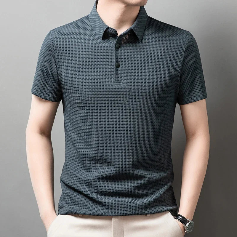 Men's Bone Flower Solid Color Polo Shirt Business Casual Short Sleeve Summer Breathable Versatile Top