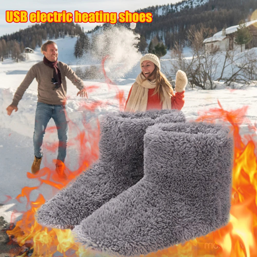 Women Men Electric Heating Shoes Washable USB Heated Shoes Comfortable Plush Snow Boots Washable Foot Warmer Slipper for Winter