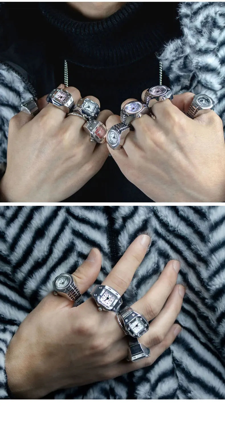 Vintage Y2K Finger Watch Rings for Women Men Elastic Stretchy Roman Quartz Mini Watches Rings Punk anillos Gift