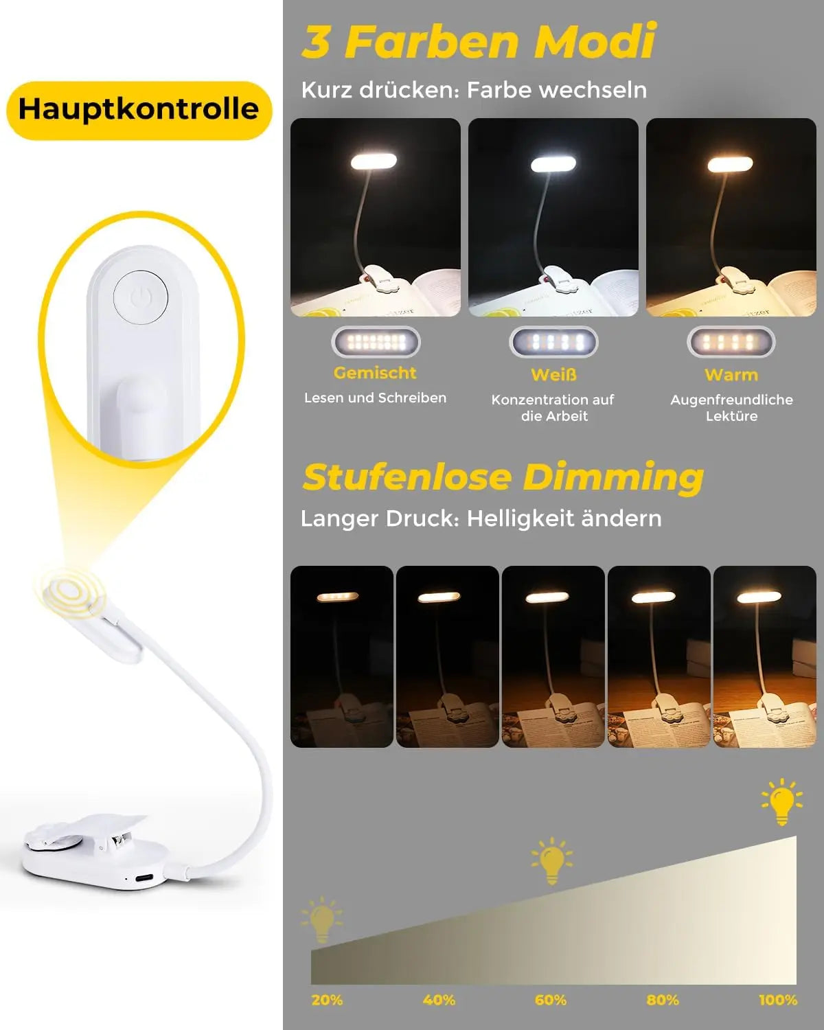 LED Book Light USB Rechargeable Reading Light 3-Level Warm Cool White Daylight Portable Flexible Easy Clip Night Reading Lamp