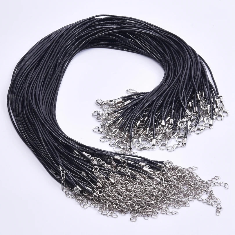 50/55/60cm Black Leather Rope Chain Necklace 10/20/30pcs/Lot Alloy Extended Chains Wax DIY Necklaces For Women Men Lobster Clasp
